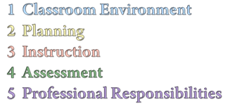 1. Classroom Environment 2. Planning 3. Instruction 4. Assessment 5. Professional Responsibilities